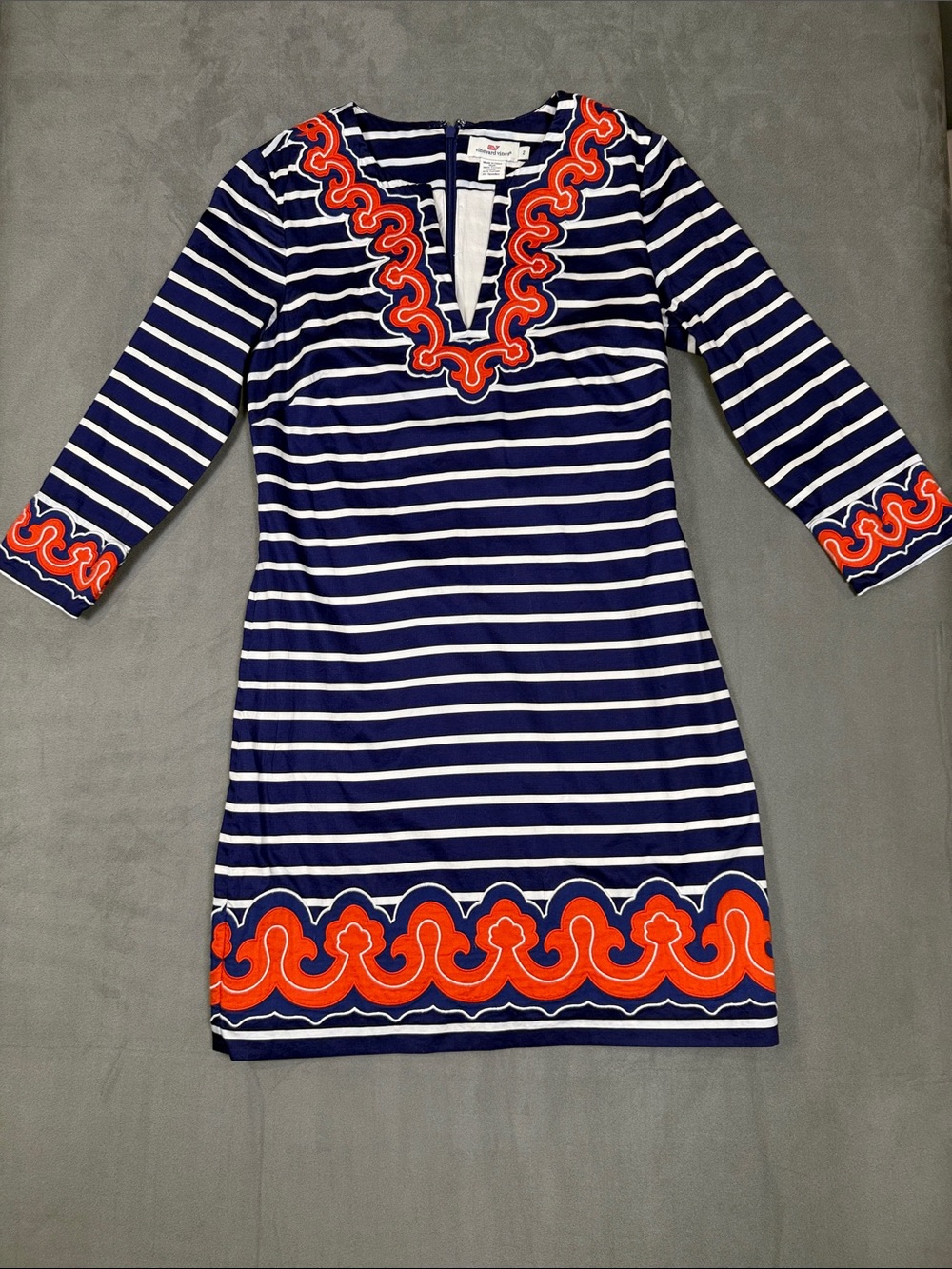 Vineyard Vines Navy and White Striped Mini Dress with Orange/red Trim
